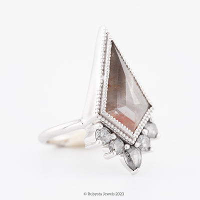 Salt and pepper Kite diamond ring, Bezel hammer setting band, Engagement Ring, 5 stone setting