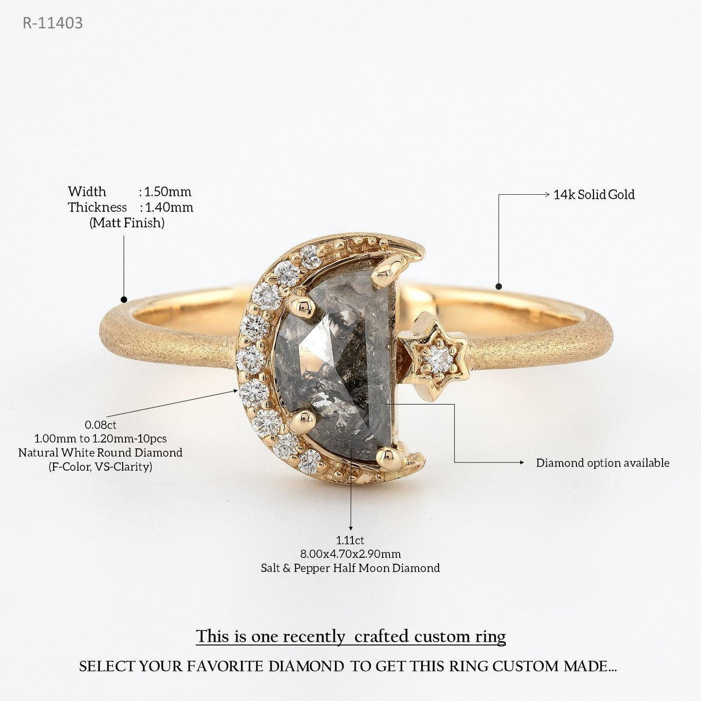 Crescent Diamond Ring Engagement ring Moon ring - Rubysta