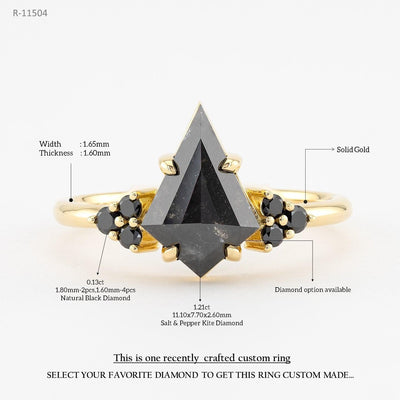 Kite diamond ring with side stone black diamond eagle prongs setting - Rubysta
