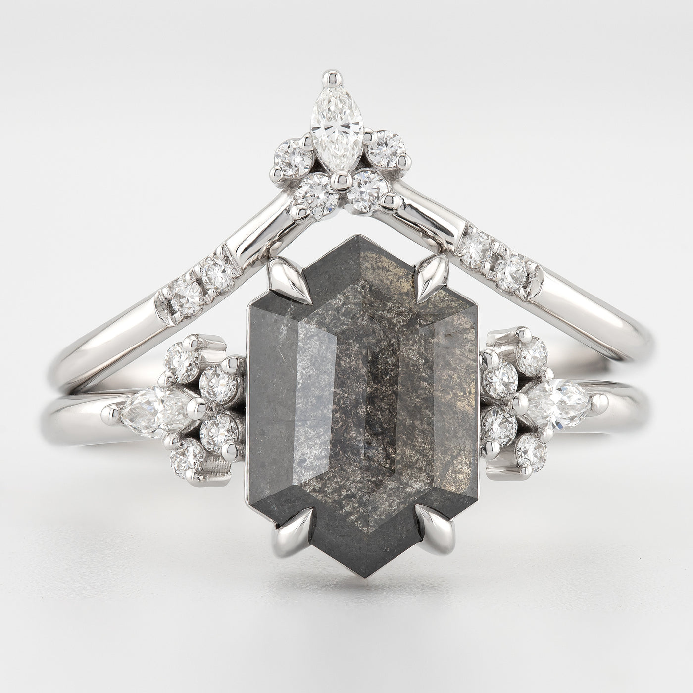 Luxurious Salt and Pepper Hexagon Diamond Ring for a High-Quality Handcrafted