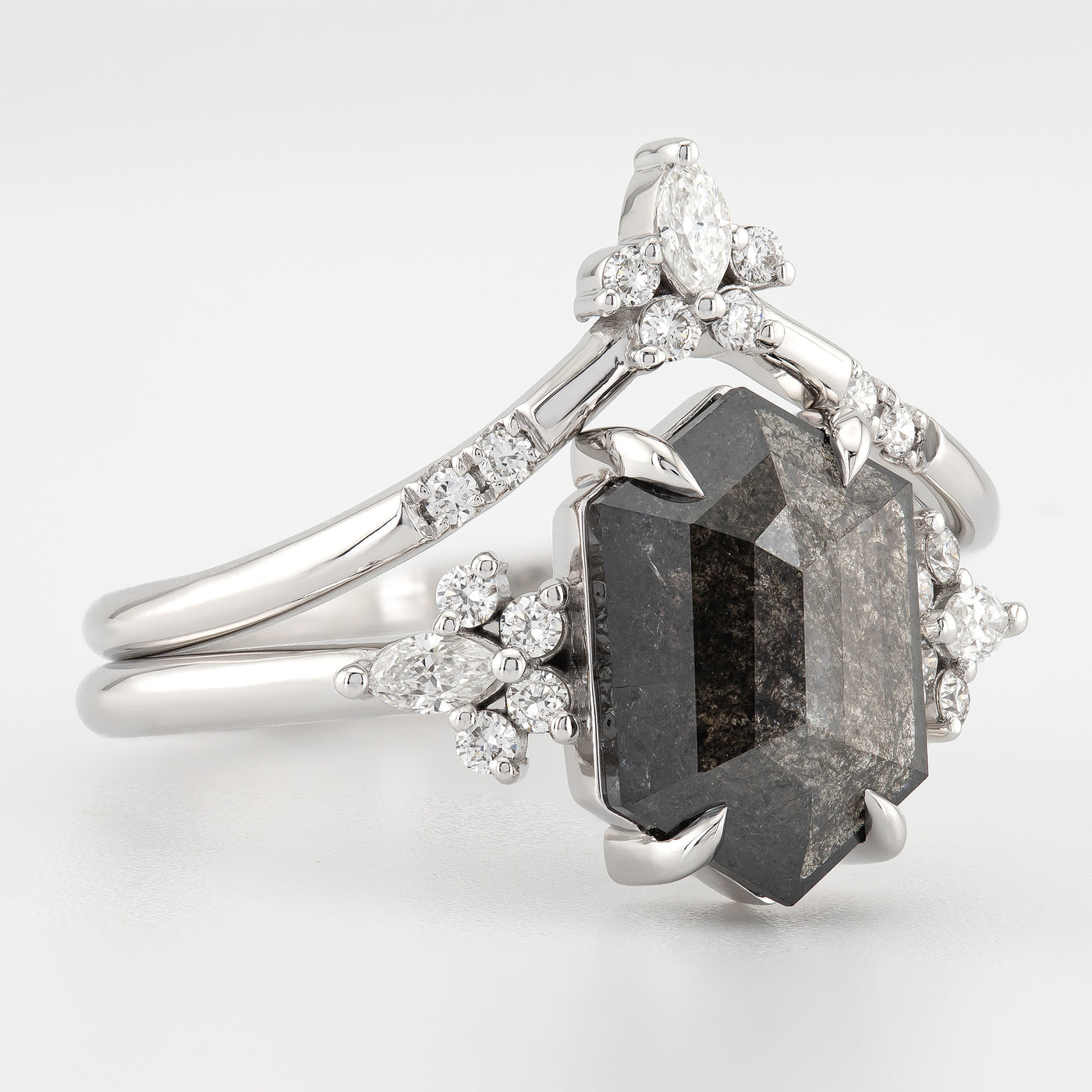 Luxurious Salt and Pepper Hexagon Diamond Ring for a High-Quality Handcrafted