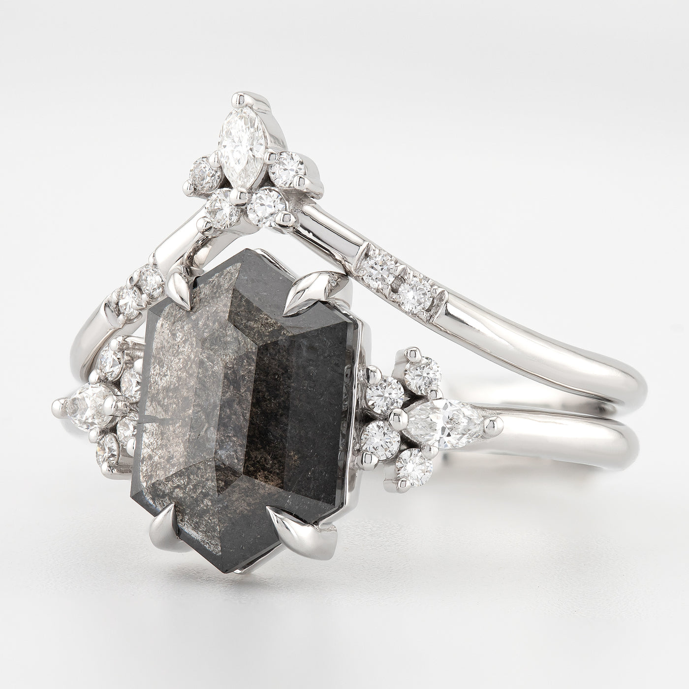 Luxurious Salt and Pepper Hexagon Diamond Ring for a High-Quality Handcrafted