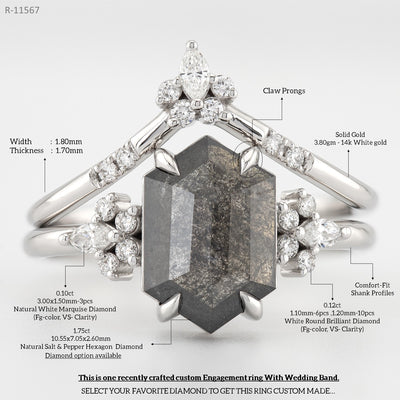 Luxurious Salt and Pepper Hexagon Diamond Ring for a High-Quality Handcrafted