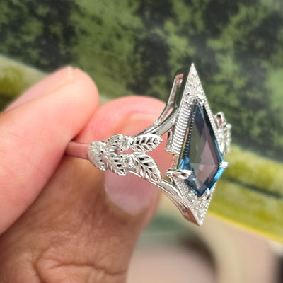 Vintage kite cut London blue topaz engagement ring white gold unique split shank engagement ring kite topaz ring for women anniversary ring