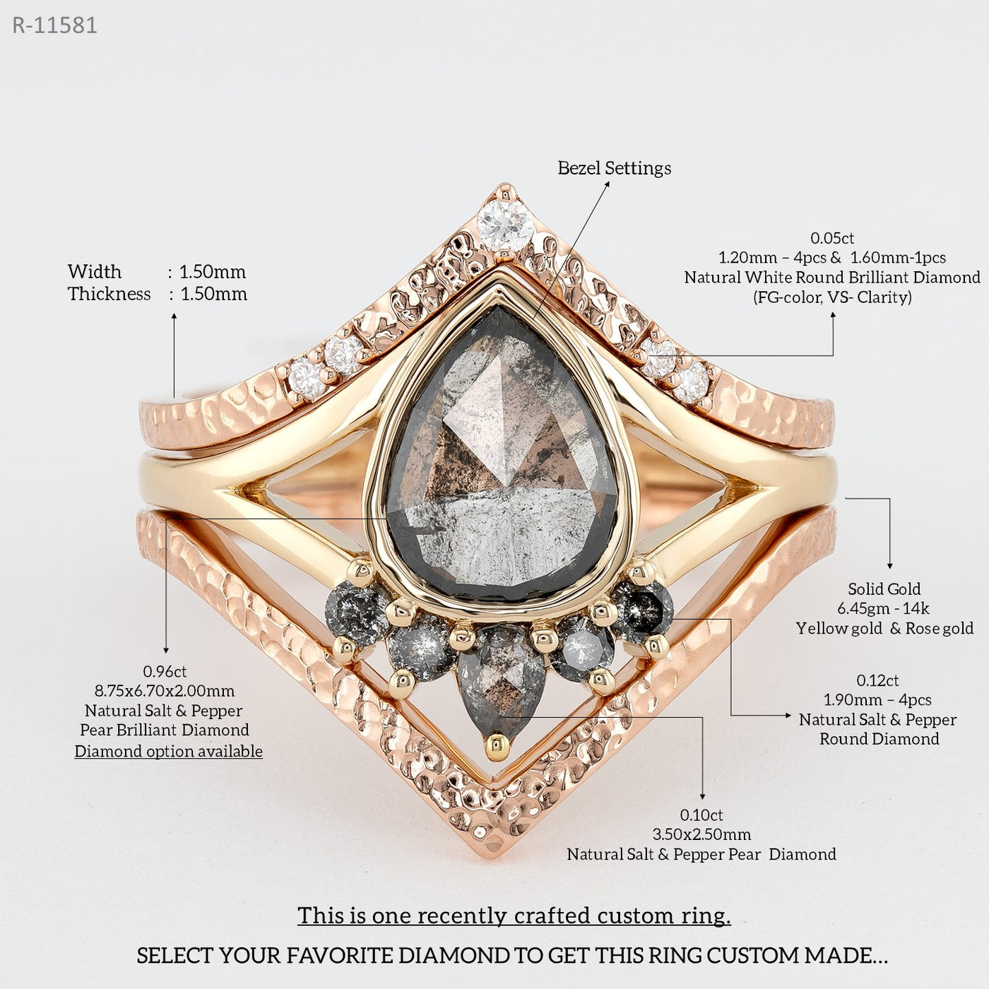 Salt and Pepper Pear Brilliant diamond Ring | Salt and pepper Ring | Pear Diamond Ring