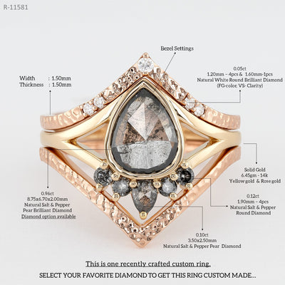 Salt and Pepper Pear Brilliant diamond Ring | Salt and pepper Ring | Pear Diamond Ring