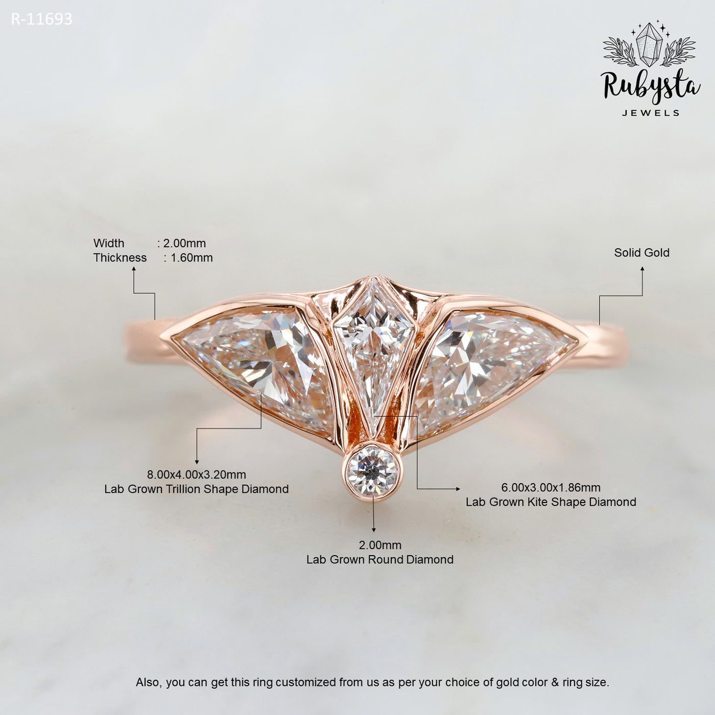 Lab Grown Diamond Ring with Kite, Trillion & Round Cuts | Art Deco Fan Design | 14K Solid Gold | Unique Engagement or Statement Ring
