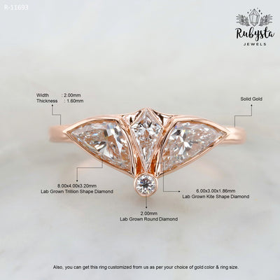 Lab Grown Diamond Ring with Kite, Trillion & Round Cuts | Art Deco Fan Design | 14K Solid Gold | Unique Engagement or Statement Ring