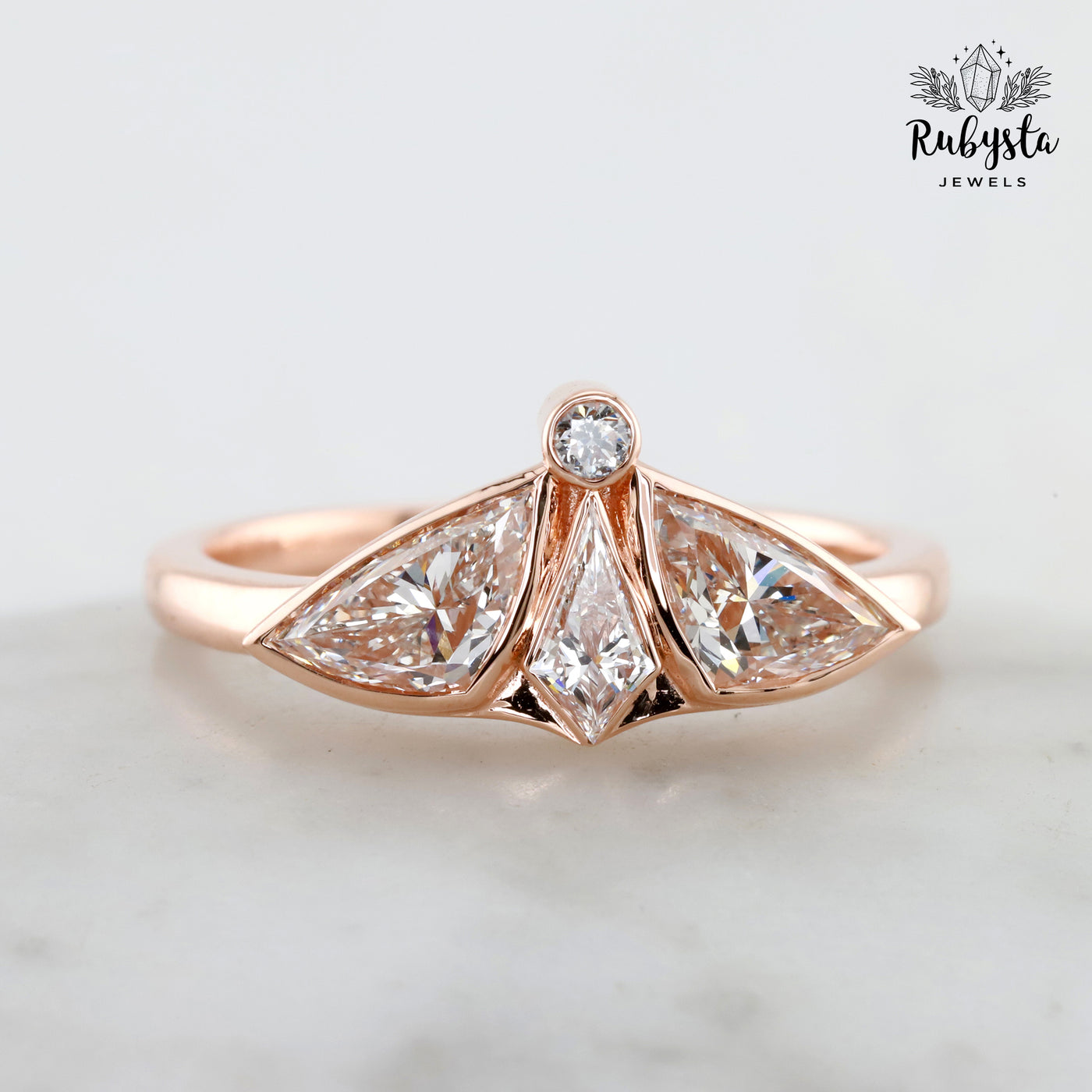 Lab Grown Diamond Ring with Kite, Trillion & Round Cuts | Art Deco Fan Design | 14K Solid Gold | Unique Engagement or Statement Ring