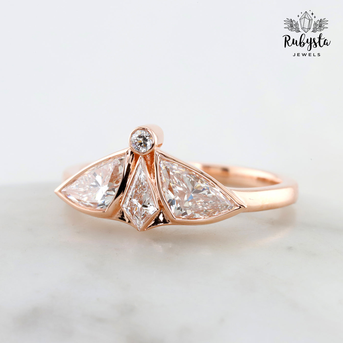Lab Grown Diamond Ring with Kite, Trillion & Round Cuts | Art Deco Fan Design | 14K Solid Gold | Unique Engagement or Statement Ring