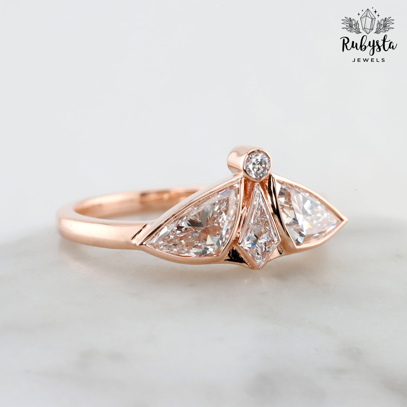Lab Grown Diamond Ring with Kite, Trillion & Round Cuts | Art Deco Fan Design | 14K Solid Gold | Unique Engagement or Statement Ring