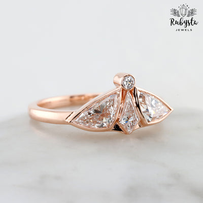 Lab Grown Diamond Ring with Kite, Trillion & Round Cuts | Art Deco Fan Design | 14K Solid Gold | Unique Engagement or Statement Ring