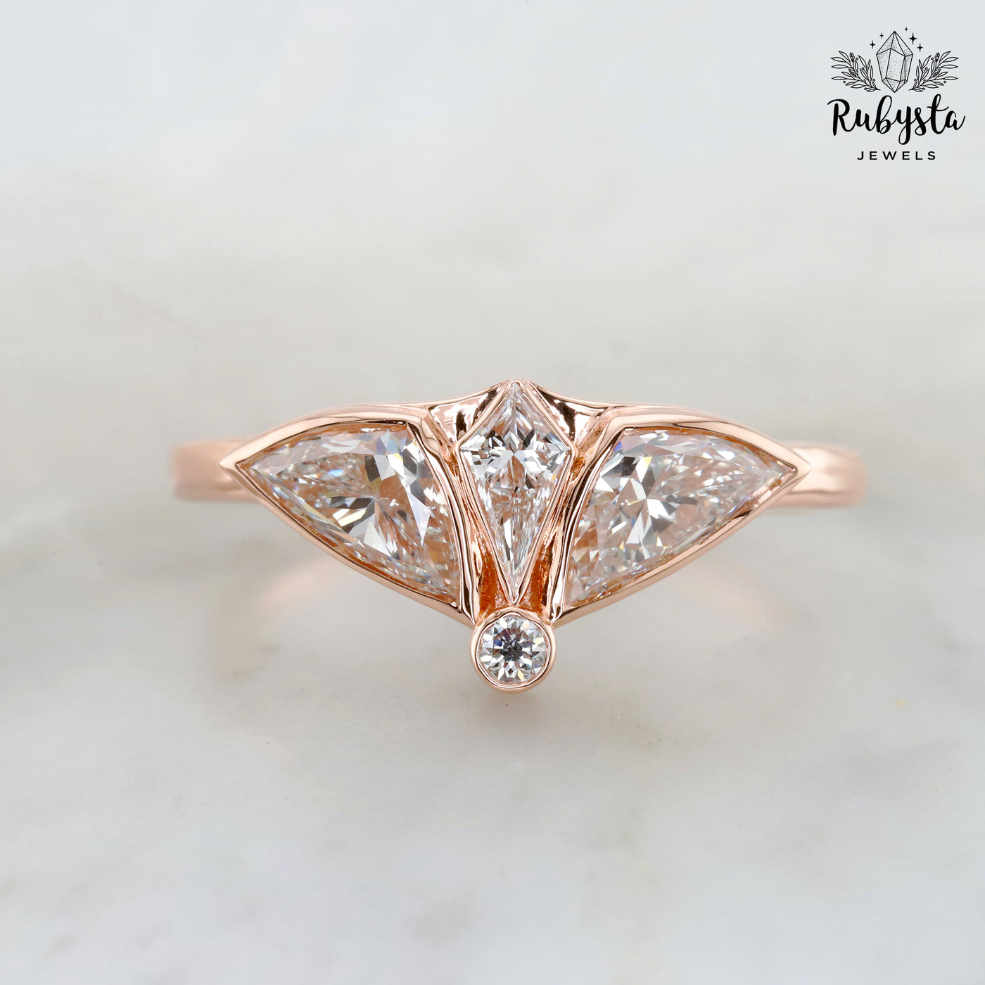 Lab Grown Diamond Ring with Kite, Trillion & Round Cuts | Art Deco Fan Design | 14K Solid Gold | Unique Engagement or Statement Ring