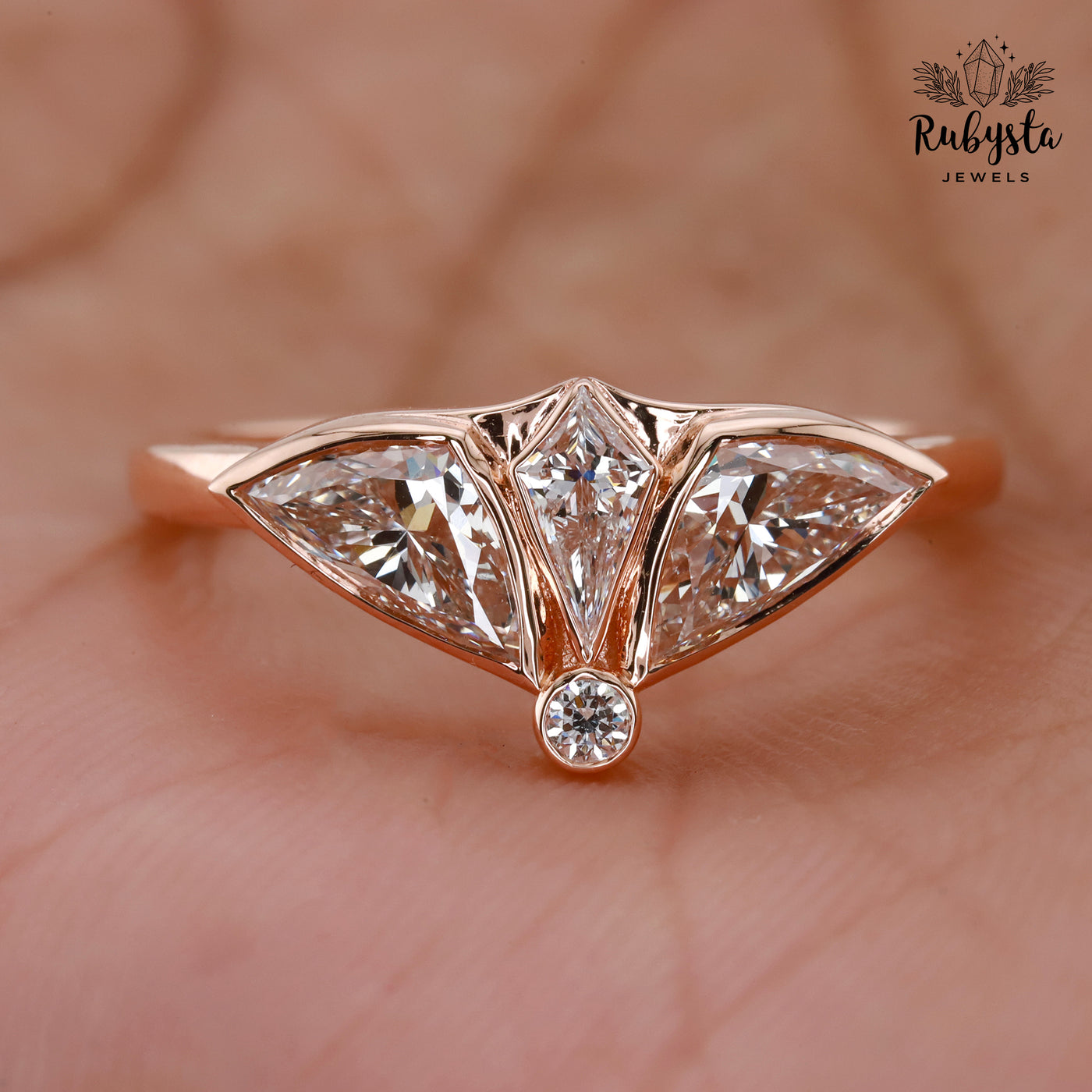 Lab Grown Diamond Ring with Kite, Trillion & Round Cuts | Art Deco Fan Design | 14K Solid Gold | Unique Engagement or Statement Ring
