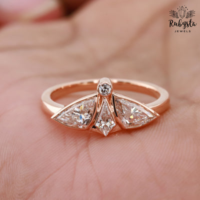 Lab Grown Diamond Ring with Kite, Trillion & Round Cuts | Art Deco Fan Design | 14K Solid Gold | Unique Engagement or Statement Ring