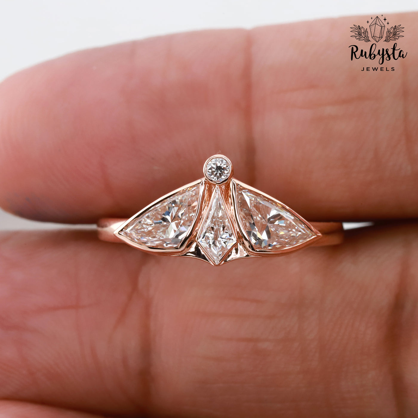 Lab Grown Diamond Ring with Kite, Trillion & Round Cuts | Art Deco Fan Design | 14K Solid Gold | Unique Engagement or Statement Ring