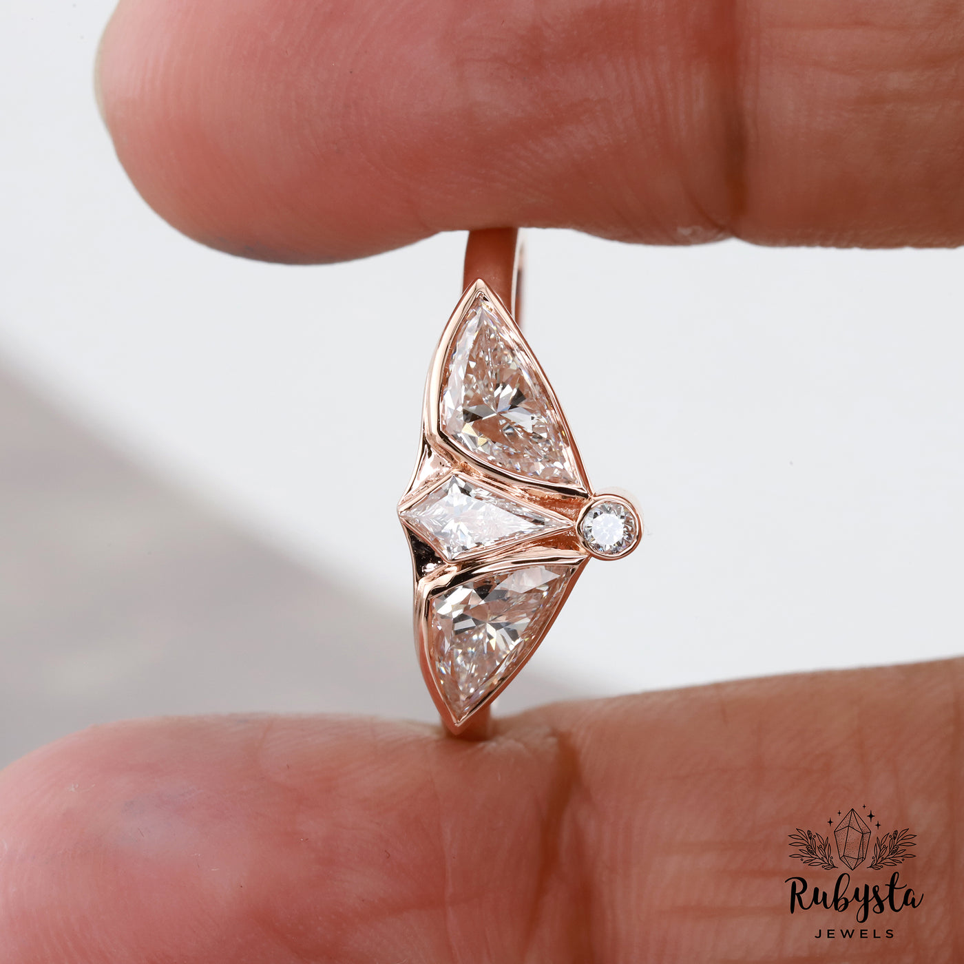 Lab Grown Diamond Ring with Kite, Trillion & Round Cuts | Art Deco Fan Design | 14K Solid Gold | Unique Engagement or Statement Ring