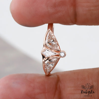 Lab Grown Diamond Ring with Kite, Trillion & Round Cuts | Art Deco Fan Design | 14K Solid Gold | Unique Engagement or Statement Ring