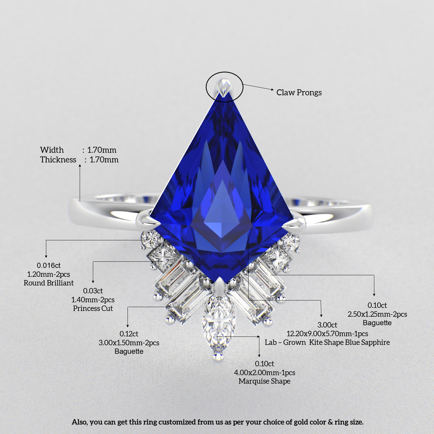 Blue Sapphire Kite Shape Symphony: A Perfect Mix of Princess, Baguette, and Marquise Shapes