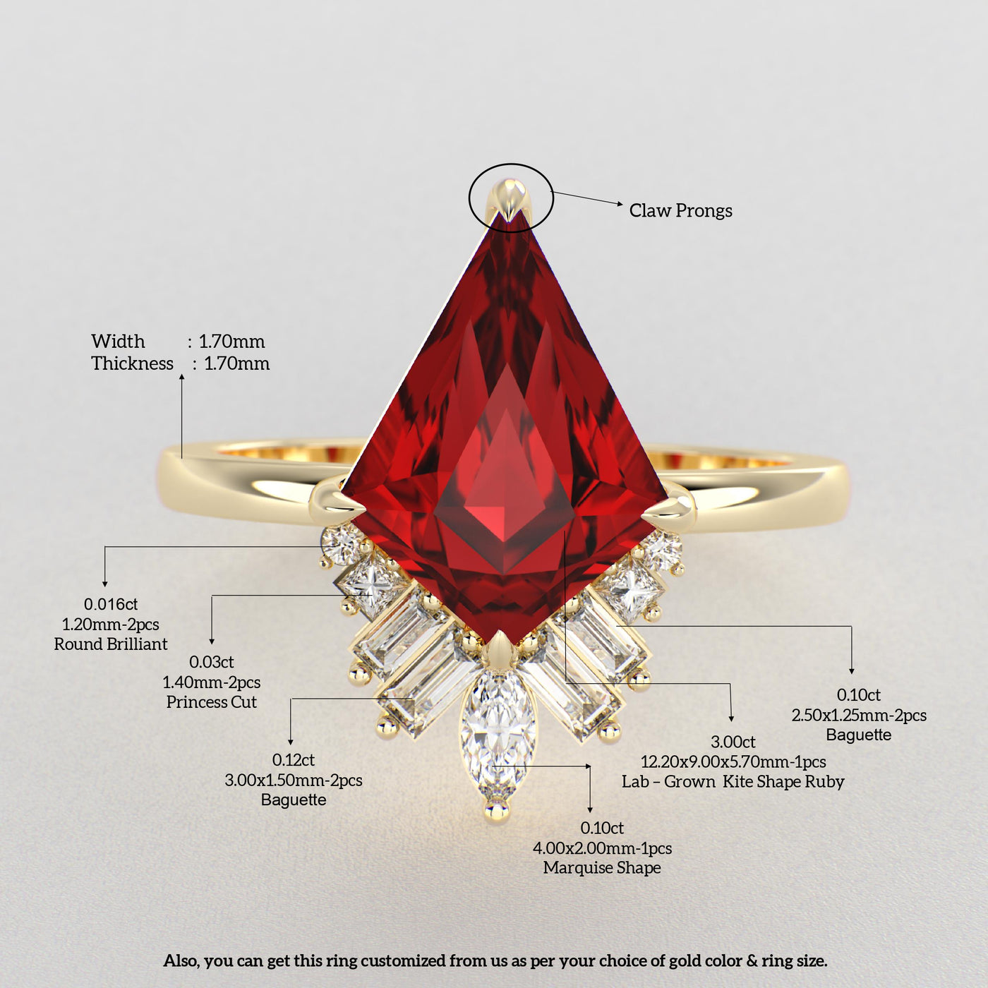 Red Ruby Kite Shape Symphony: A Perfect Mix of Princess, Baguette, and Marquise Shapes