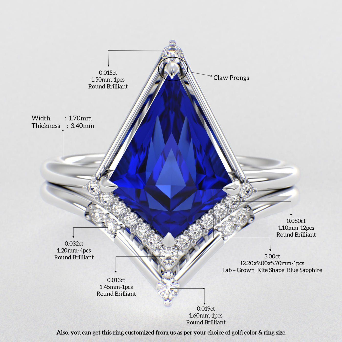 Eternal Elegance: Blue Sapphire Kite Shape Ring with Dazzling Round Brilliant Sparkle