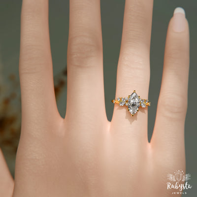 Marquise Lab Grown Diamond Engagement Ring, Floral Gold Ring, Unique Bridal Jewelry