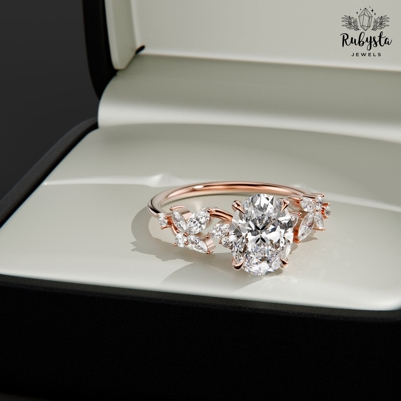 Oval Lab Grown Diamond Ring with Marquise and Round Brilliant Floral Accents