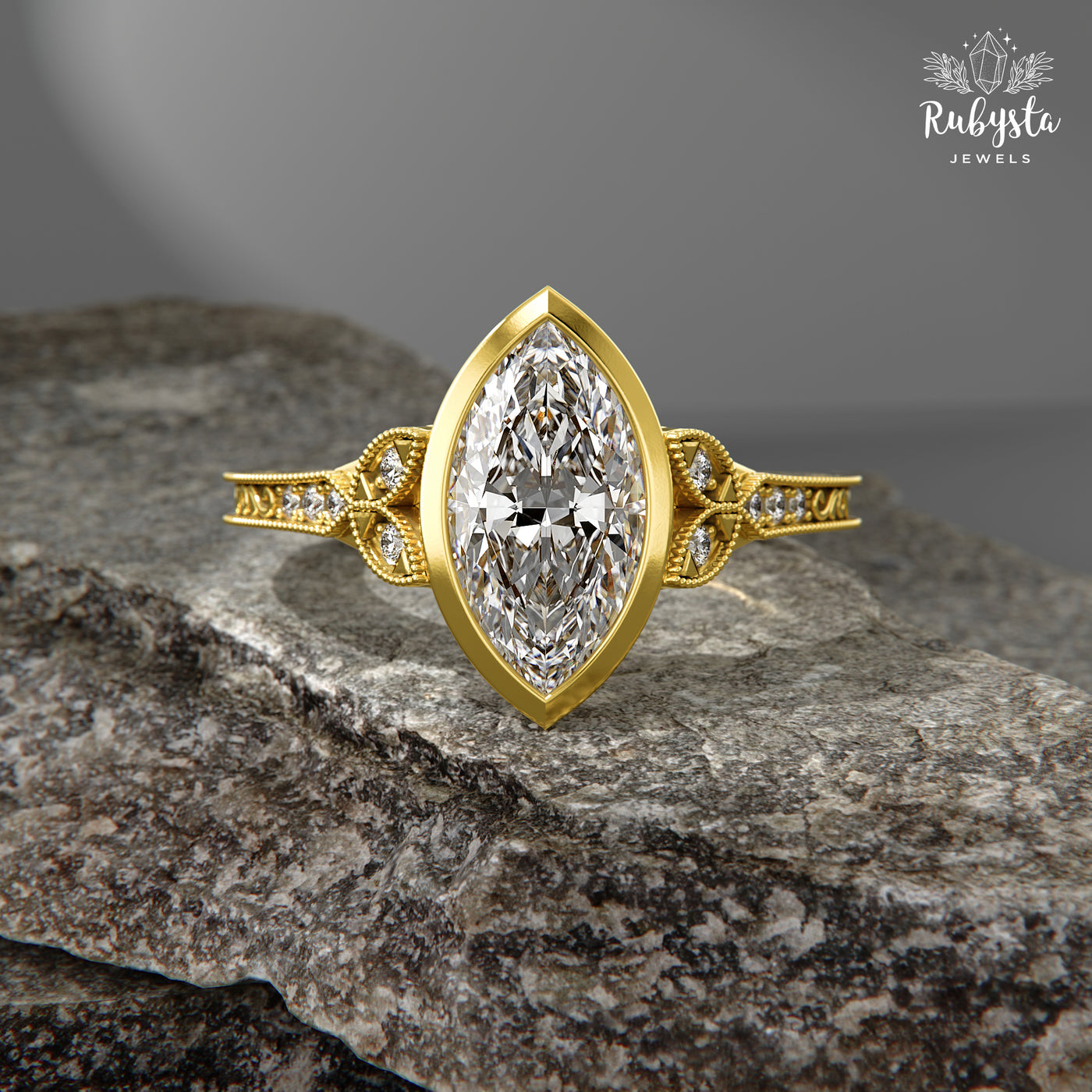 Marquise Ring – 1.50CT Bezel Marquise Diamond Band Unique Bezel Milgrain Bridal Jewelry