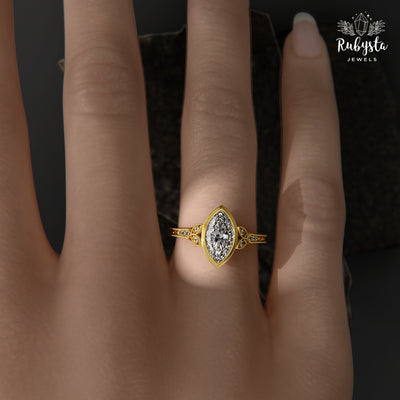 Marquise Ring – 1.50CT Bezel Marquise Diamond Band Unique Bezel Milgrain Bridal Jewelry