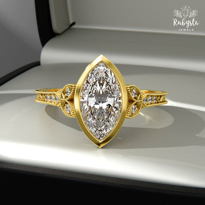 Marquise Ring – 1.50CT Bezel Marquise Diamond Band Unique Bezel Milgrain Bridal Jewelry