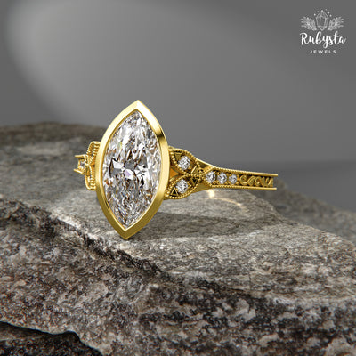 Marquise Ring – 1.50CT Bezel Marquise Diamond Band Unique Bezel Milgrain Bridal Jewelry