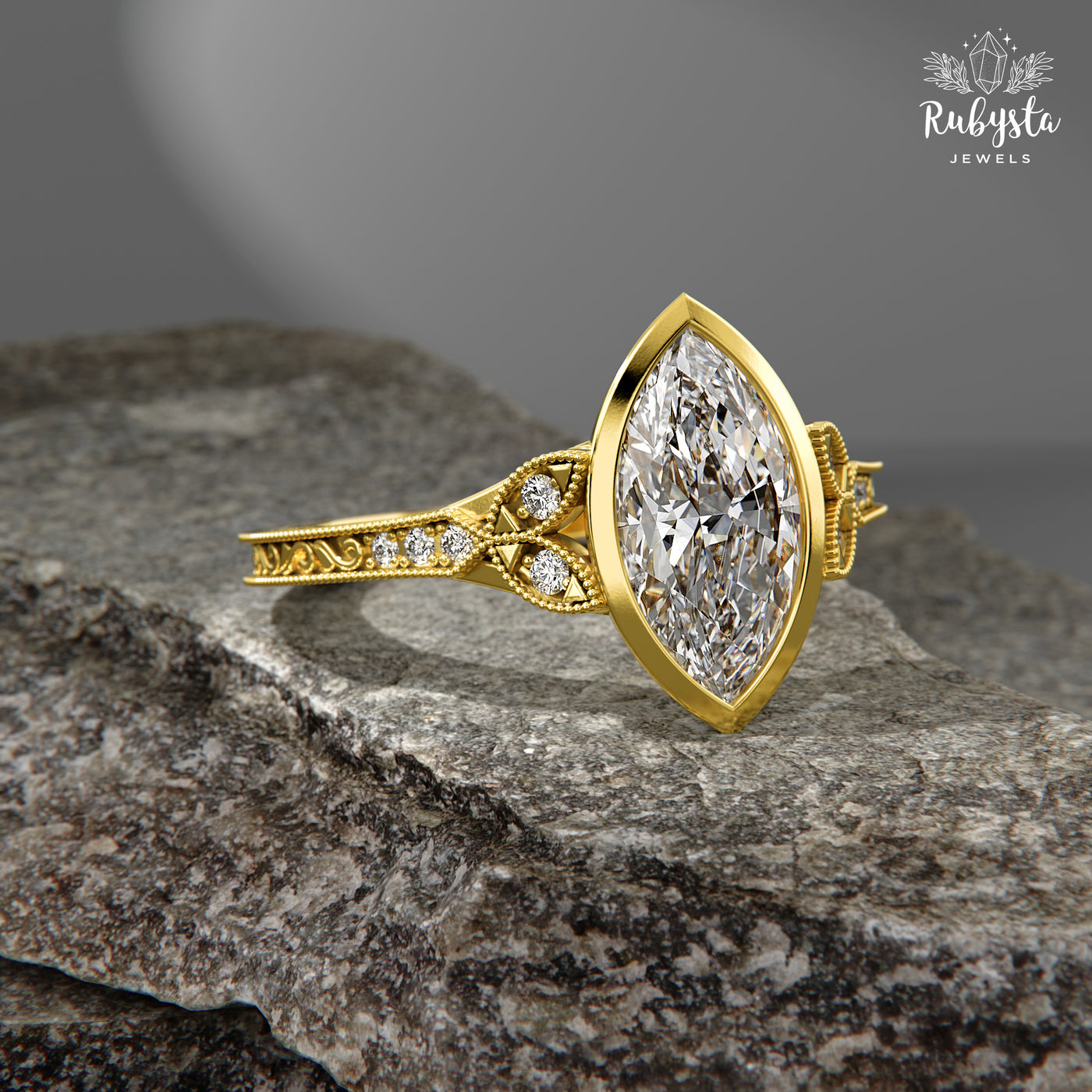 Marquise Ring – 1.50CT Bezel Marquise Diamond Band Unique Bezel Milgrain Bridal Jewelry