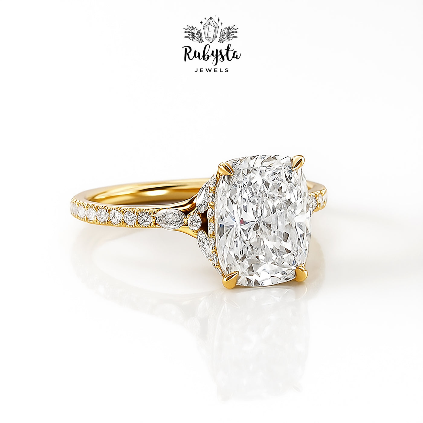 2.00ct Cushion Cut Diamond Ring | 14k Yellow Gold | Claw Prong | Round & Marquise Diamonds | Hidden Halo Engagement Ring
