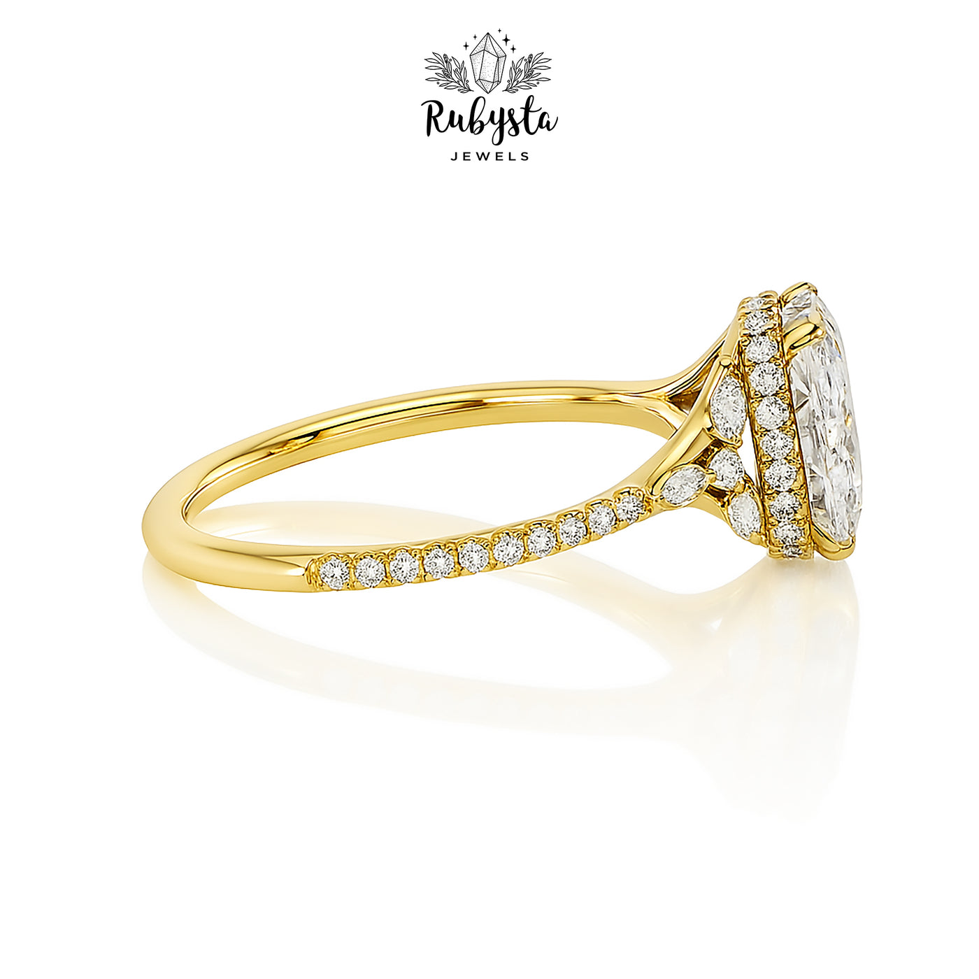 2.00ct Cushion Cut Diamond Ring | 14k Yellow Gold | Claw Prong | Round & Marquise Diamonds | Hidden Halo Engagement Ring