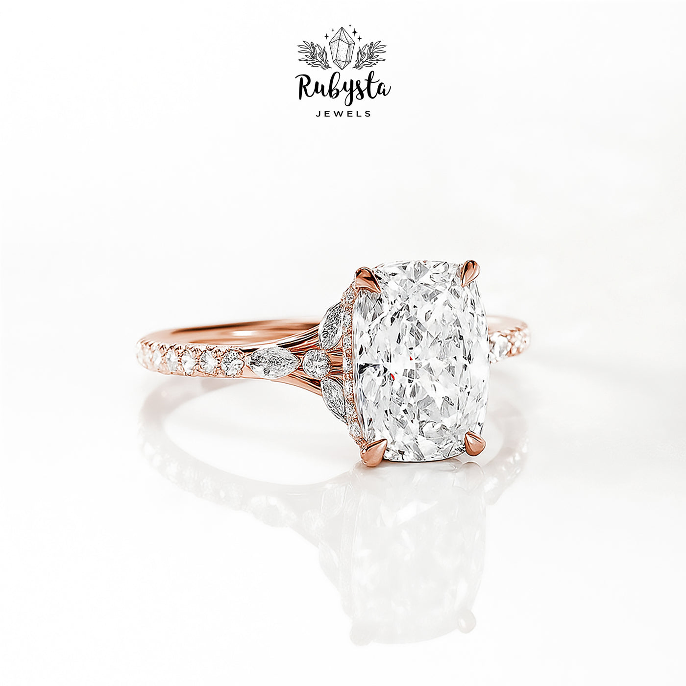 2.00ct Cushion Cut Diamond Ring | 14k Yellow Gold | Claw Prong | Round & Marquise Diamonds | Hidden Halo Engagement Ring