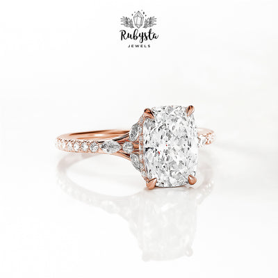 2.00ct Cushion Cut Diamond Ring | 14k Yellow Gold | Claw Prong | Round & Marquise Diamonds | Hidden Halo Engagement Ring