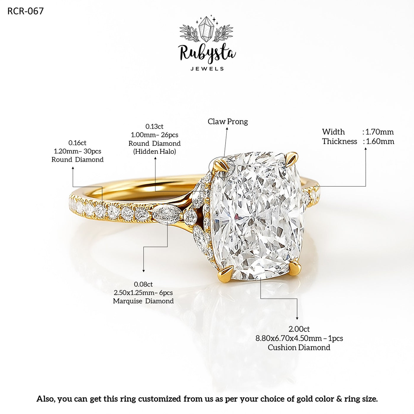 2.00ct Cushion Cut Diamond Ring | 14k Yellow Gold | Claw Prong | Round & Marquise Diamonds | Hidden Halo Engagement Ring