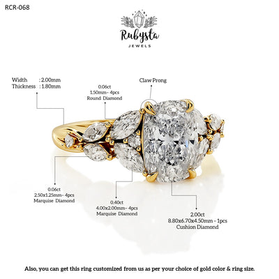 2.00ct Cushion Cut Diamond Ring with Claw Prong & Round Diamond Accents | Marquise Cluster Gold Engagement Ring | Custom Vintage-Inspired Design