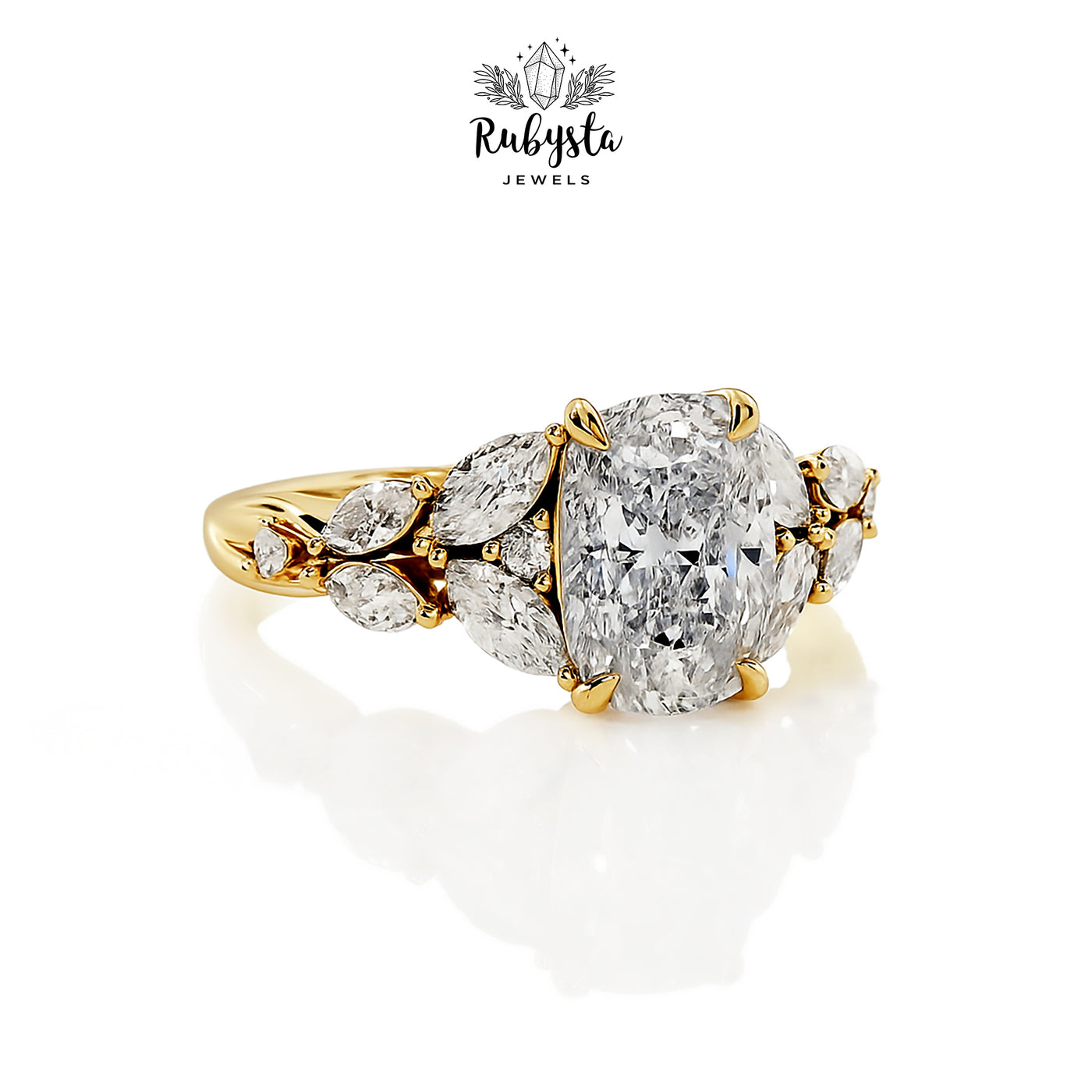 2.00ct Cushion Cut Diamond Ring with Claw Prong & Round Diamond Accents | Marquise Cluster Gold Engagement Ring | Custom Vintage-Inspired Design