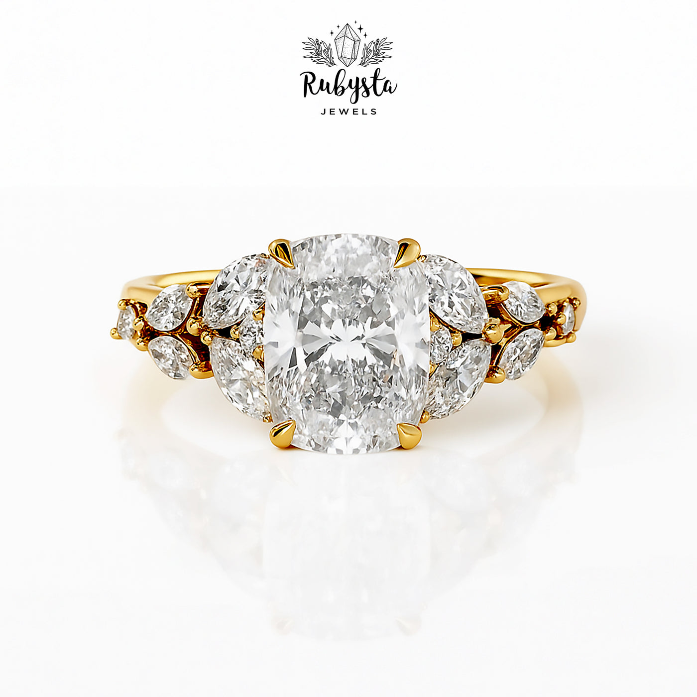 2.00ct Cushion Cut Diamond Ring with Claw Prong & Round Diamond Accents | Marquise Cluster Gold Engagement Ring | Custom Vintage-Inspired Design