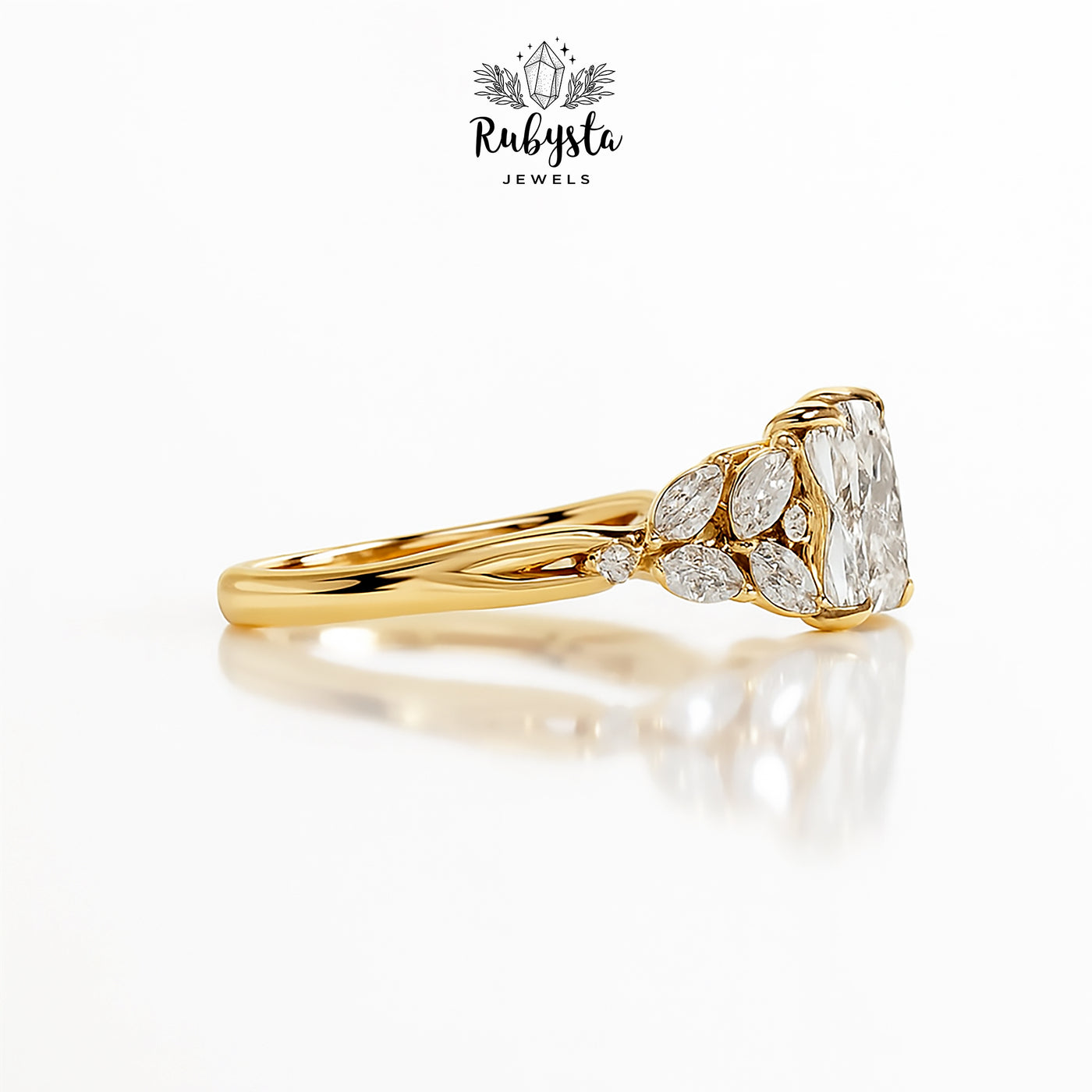 2.00ct Cushion Cut Diamond Ring with Claw Prong & Round Diamond Accents | Marquise Cluster Gold Engagement Ring | Custom Vintage-Inspired Design