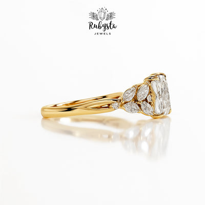 2.00ct Cushion Cut Diamond Ring with Claw Prong & Round Diamond Accents | Marquise Cluster Gold Engagement Ring | Custom Vintage-Inspired Design