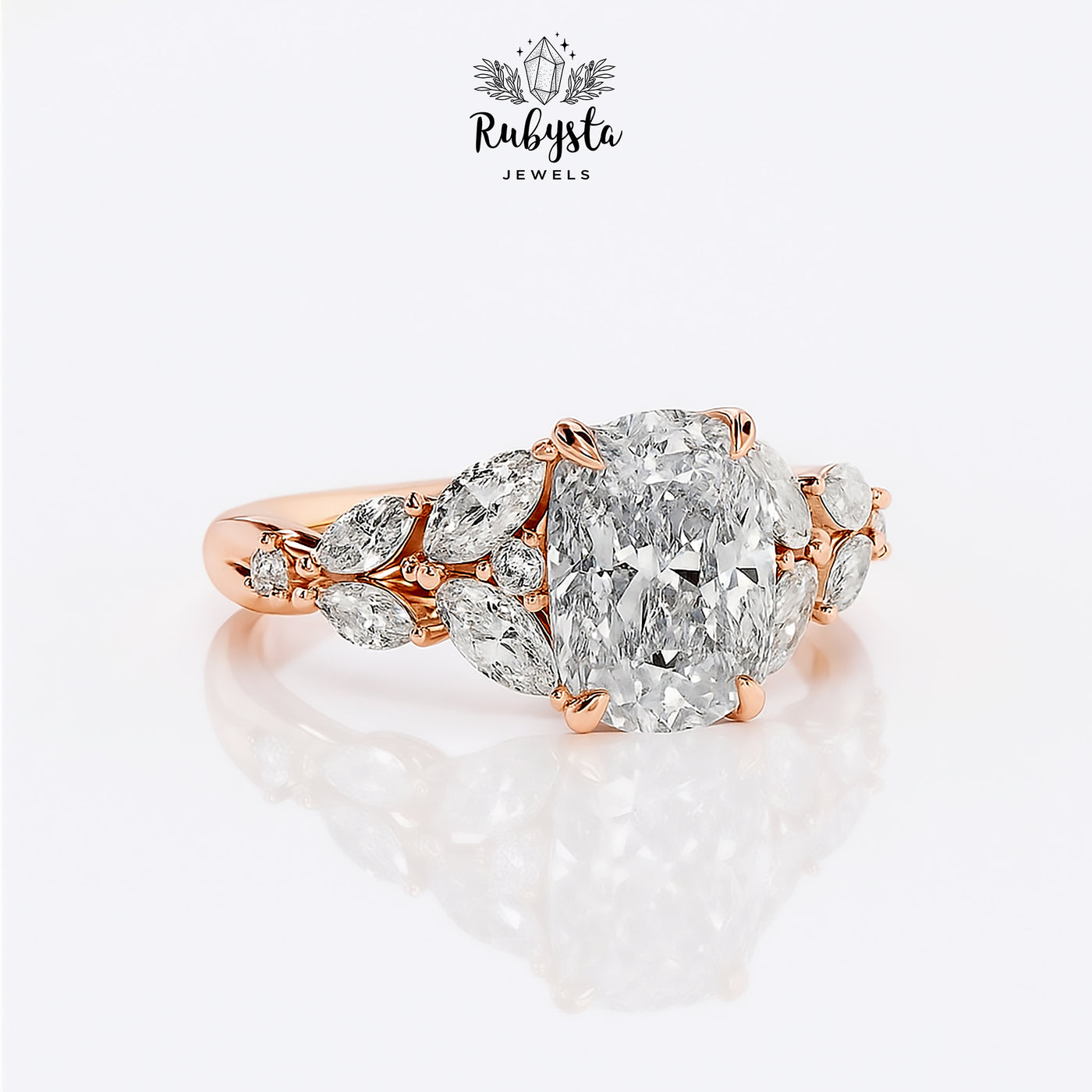 2.00ct Cushion Cut Diamond Ring with Claw Prong & Round Diamond Accents | Marquise Cluster Gold Engagement Ring | Custom Vintage-Inspired Design