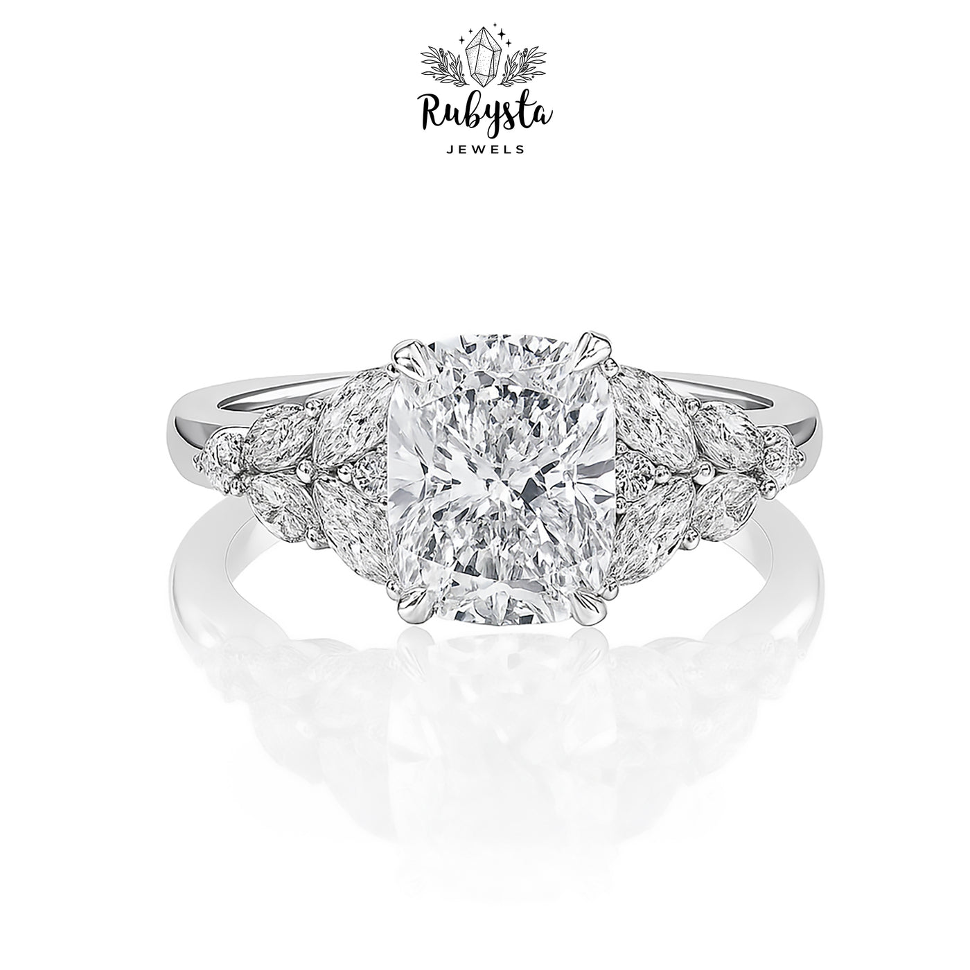 2.00ct Cushion Cut Diamond Ring with Claw Prong & Round Diamond Accents | Marquise Cluster Gold Engagement Ring | Custom Vintage-Inspired Design
