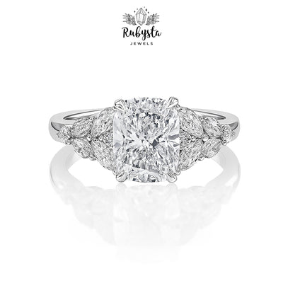 2.00ct Cushion Cut Diamond Ring with Claw Prong & Round Diamond Accents | Marquise Cluster Gold Engagement Ring | Custom Vintage-Inspired Design