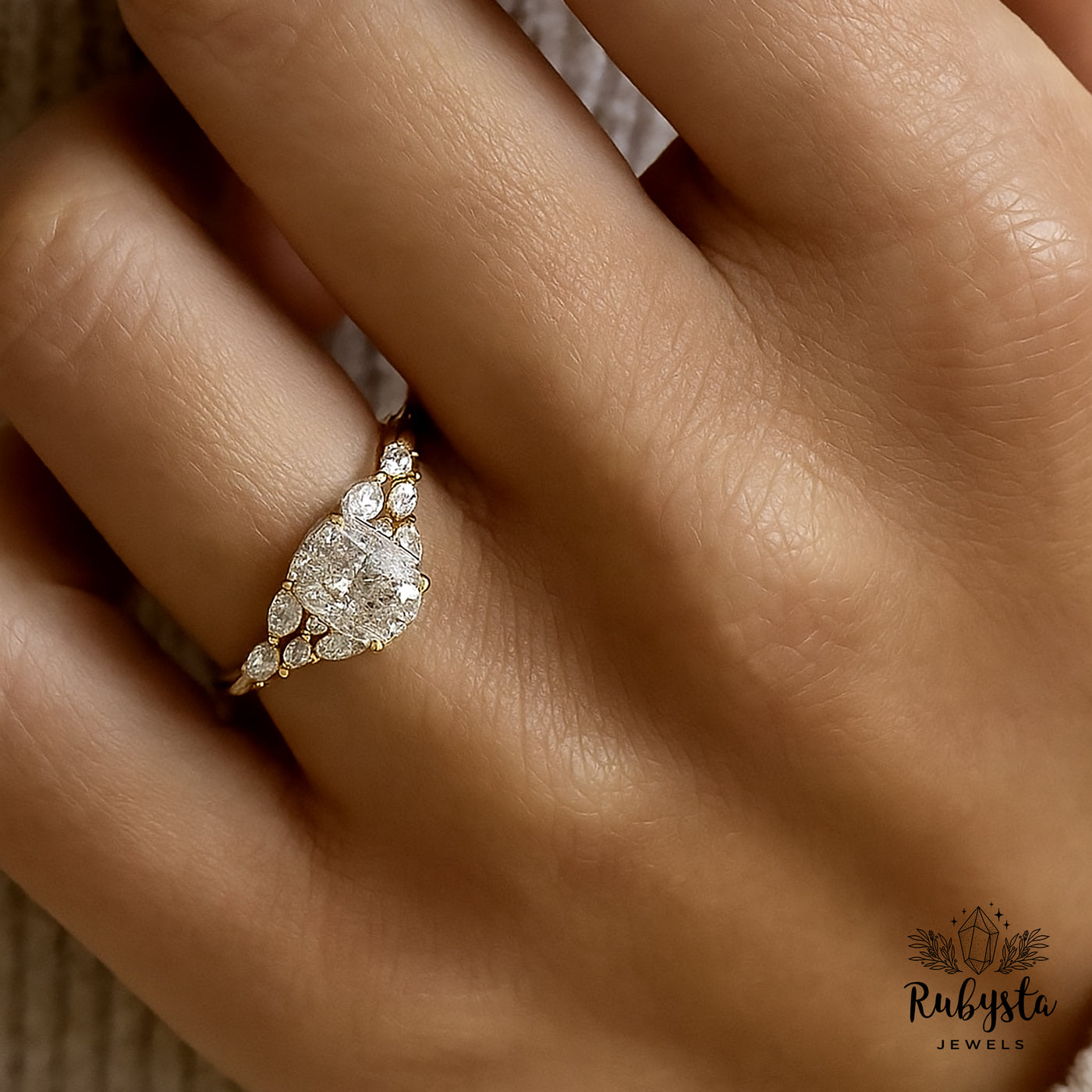 2.00ct Cushion Cut Diamond Ring with Claw Prong & Round Diamond Accents | Marquise Cluster Gold Engagement Ring | Custom Vintage-Inspired Design