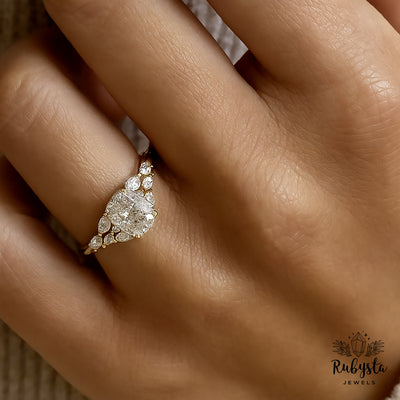 2.00ct Cushion Cut Diamond Ring with Claw Prong & Round Diamond Accents | Marquise Cluster Gold Engagement Ring | Custom Vintage-Inspired Design