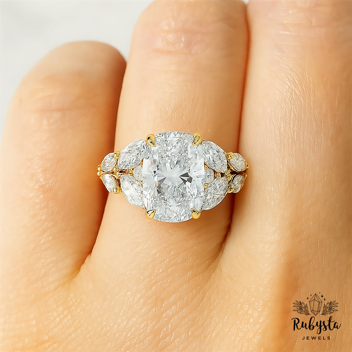 2.00ct Cushion Cut Diamond Ring with Claw Prong & Round Diamond Accents | Marquise Cluster Gold Engagement Ring | Custom Vintage-Inspired Design