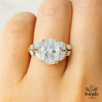 2.00ct Cushion Cut Diamond Ring with Claw Prong & Round Diamond Accents | Marquise Cluster Gold Engagement Ring | Custom Vintage-Inspired Design