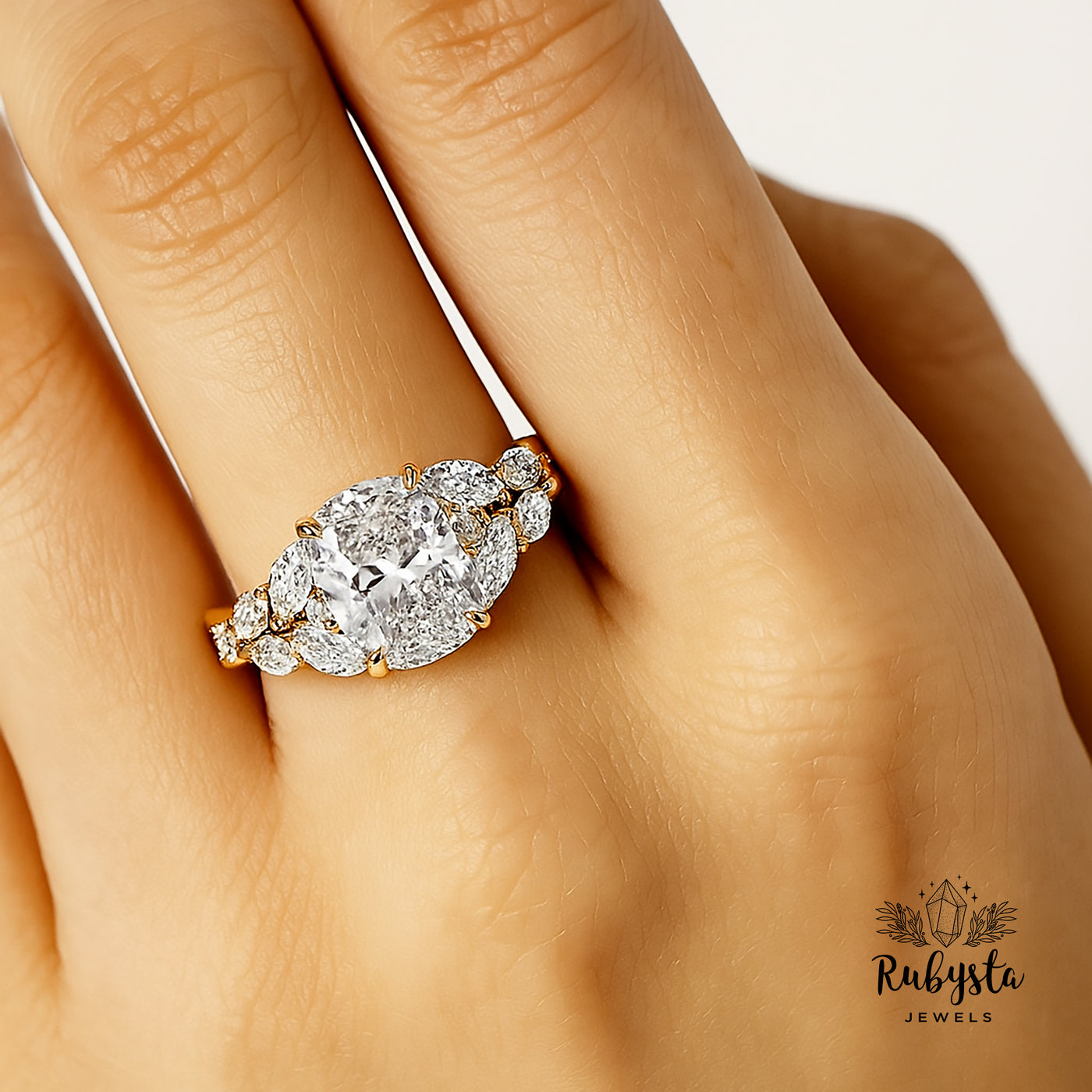 2.00ct Cushion Cut Diamond Ring with Claw Prong & Round Diamond Accents | Marquise Cluster Gold Engagement Ring | Custom Vintage-Inspired Design